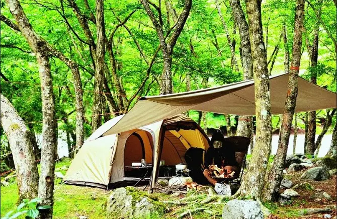 林の中でテントとタープを張っている