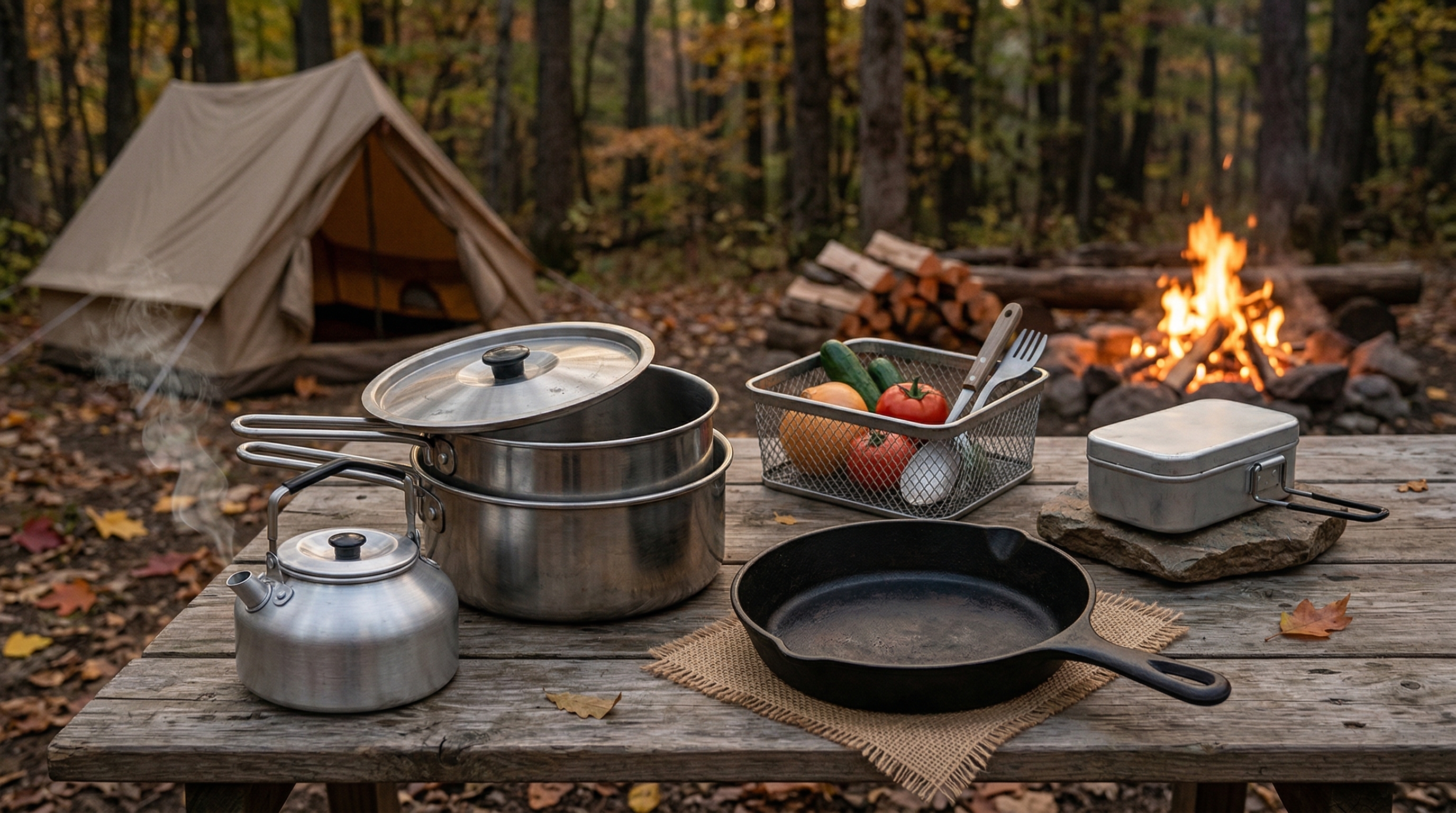 おすすめのクッカーが屋外の木のテーブルに乗ってる